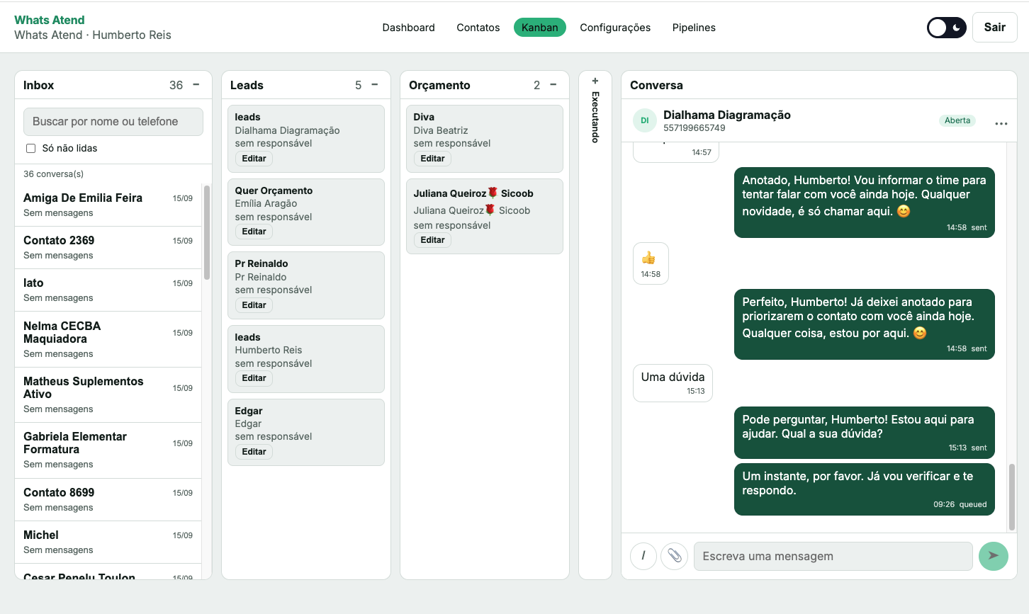 CRM WhatsAtend: Inbox, Leads, Orçamento e Conversa no mesmo painel
